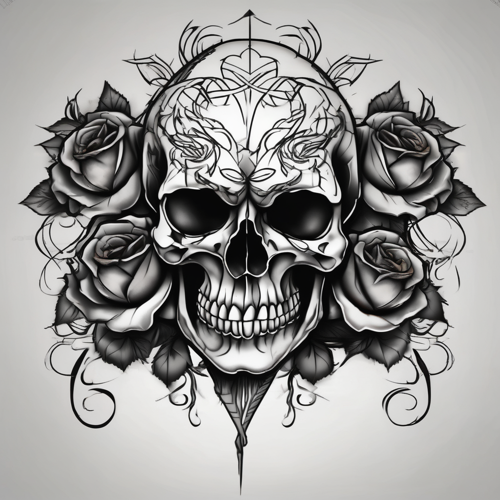 Skull and death with roses half Sleeve half sleeve tattoos for men, diseño de tatuaje Blanco y negro generado con IA